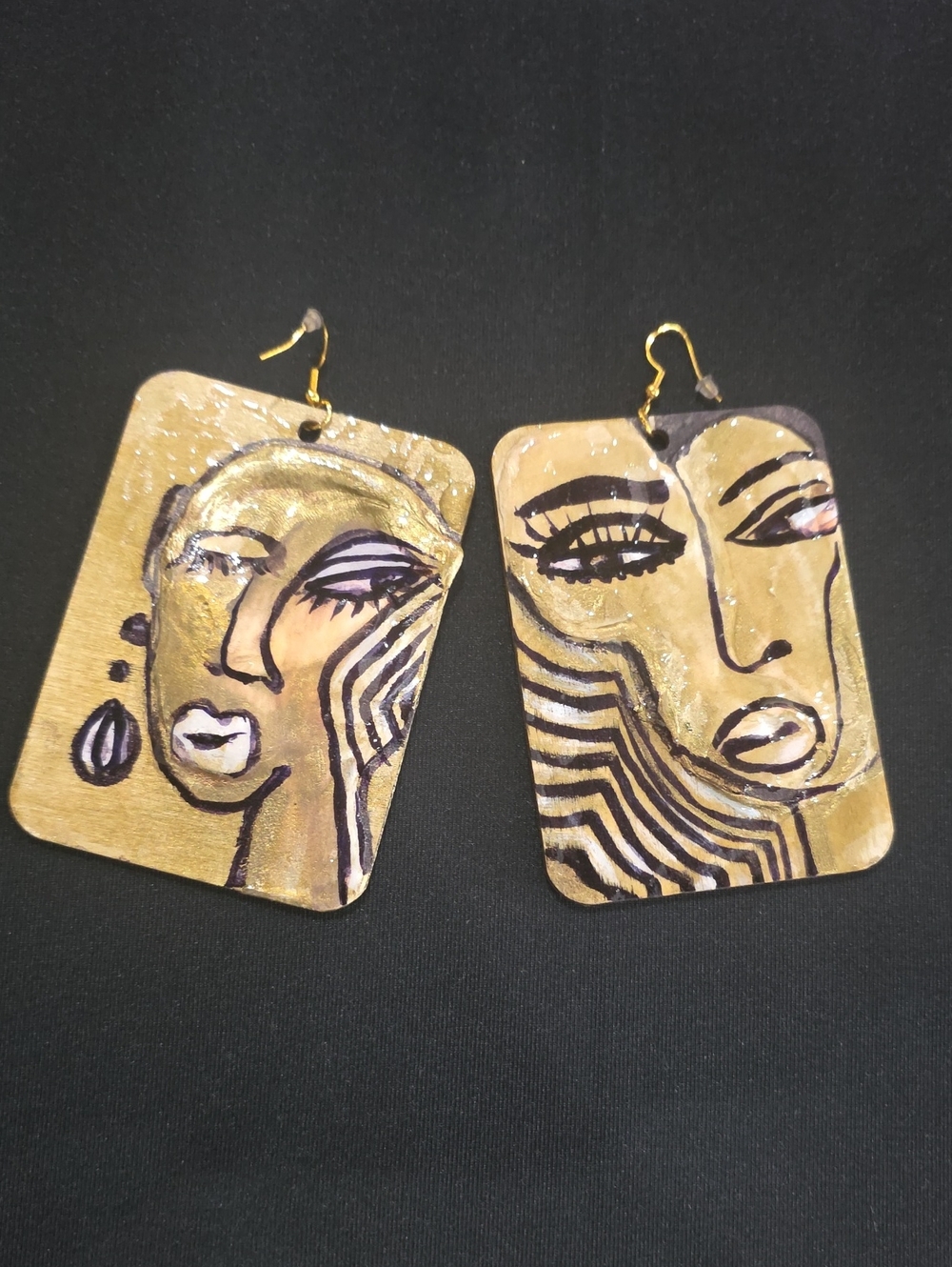 Hand-Painted Gold and Black Abstract Face Earrings - Women Jewelry 2 Inch